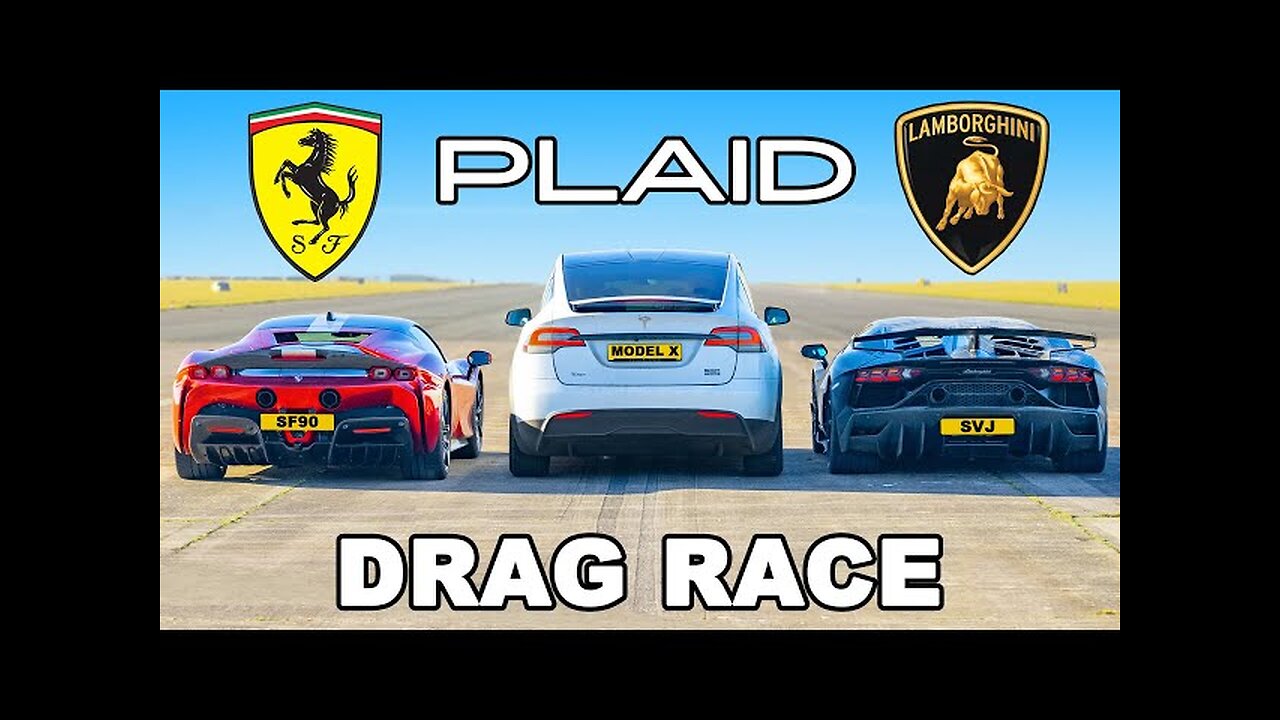 Tesla Model X PLAID v Ferrari SF90 v Lambo SVJ_ DRAG RACE