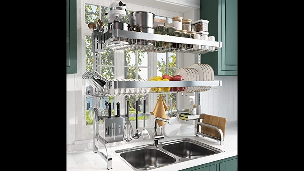 STEVOY Over The Sink Dish Drying Rack, (20"-37") Adjustable, 2 Tier Stainless Steel Length Expa...