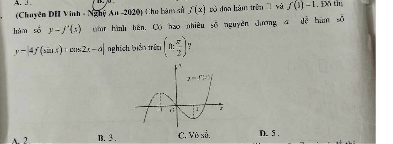 ĐH Vinh 2020: Cho hàm số f(x) có đạo hàm trên R và f(1)=1. Đồ thịf'(x). |4f(sinx)+cos2x-a| nb