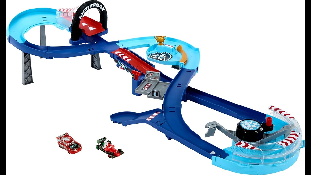 Disney and Pixar Cars Playset with 2 Toy Cars, Lightning McQueen & Francesco Bernoulli, GRC Jumping Raceway Track Set with Booster . Ready, set, JUMP into the race with the GRC Jumping Raceway playset and 2 character cars! ​Lightning McQuee