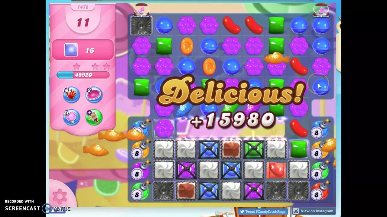 Candy Crush Level 1478 Audio Talkthrough, 2 Stars 0 Boosters