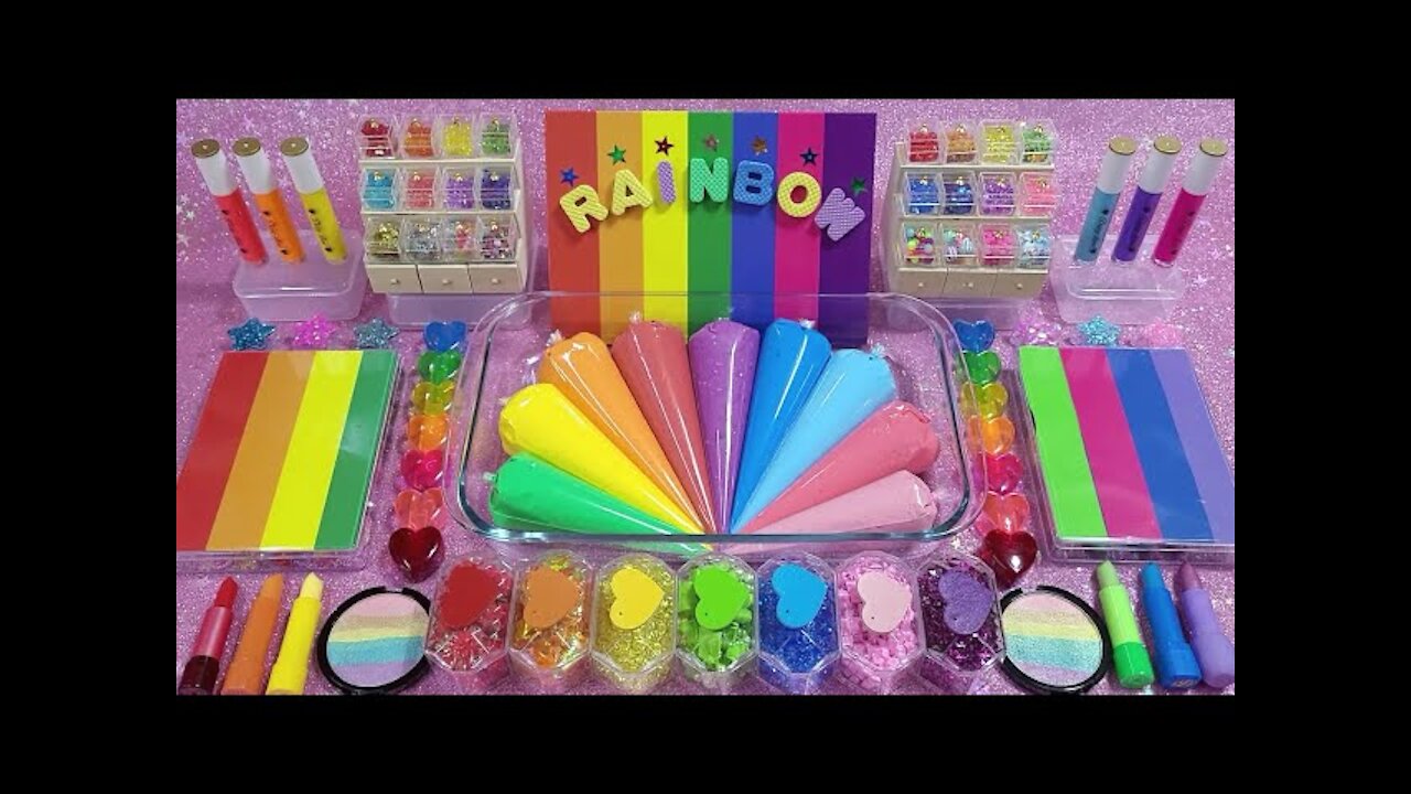 [Mixing slime] Rainbow/ Makeup, Eyeshadow, parts, glitter and Random into slime, Satisfying