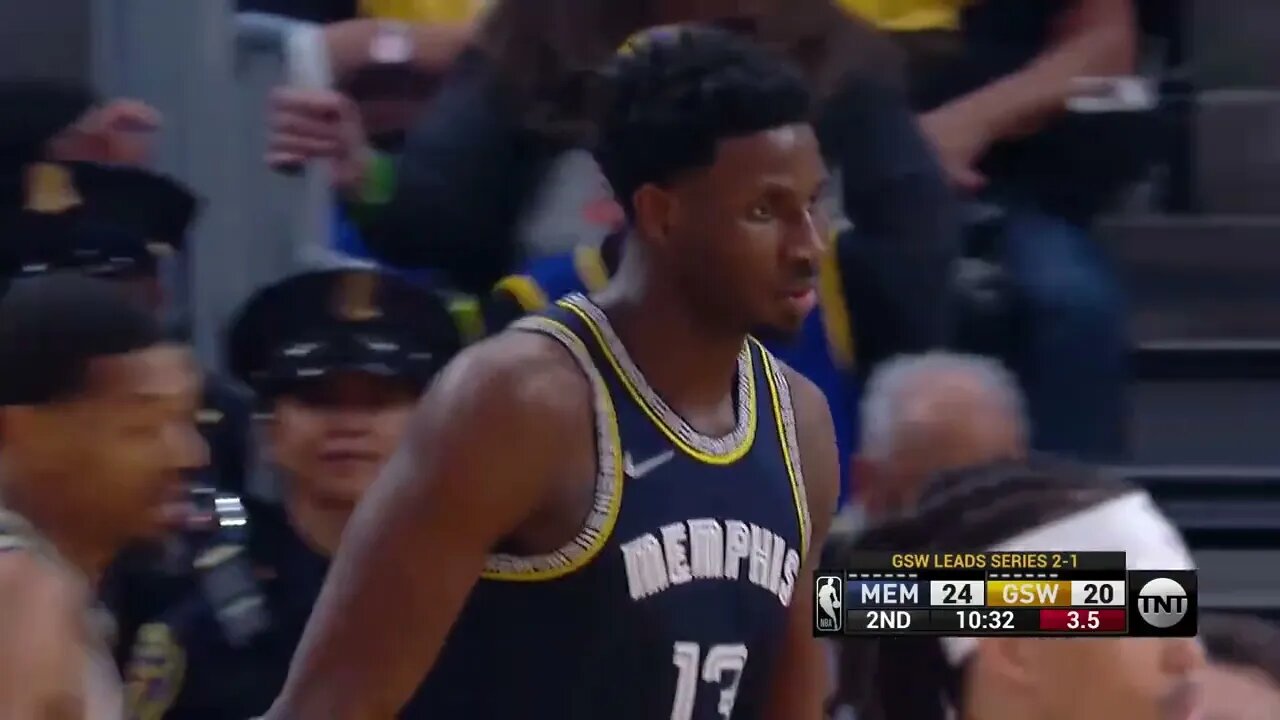 Jaren Jackson Jr. blocks Jordan Poole's layup attempt for his 3rd block of the game