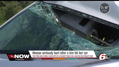 Car windshield smashed by flying tire on I-465 SB1