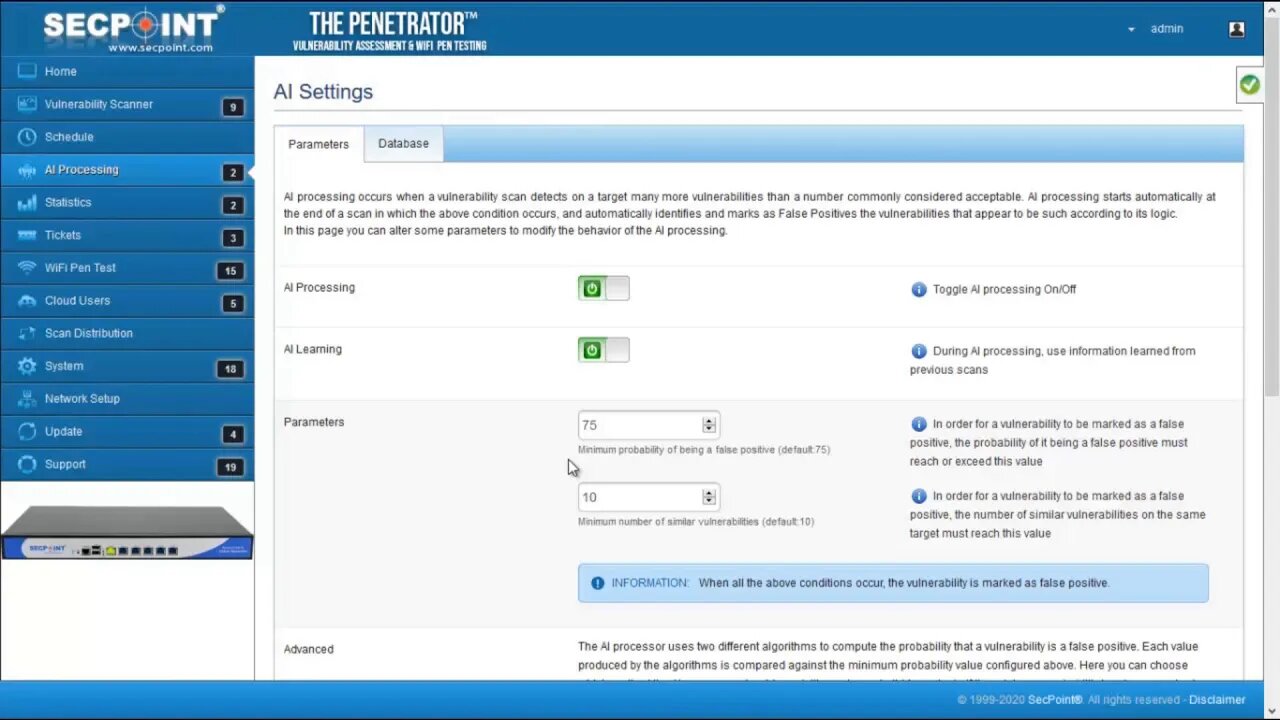 SecPoint Penetrator Vulnerability Scanner 47 AI Machine LearningAISettings2