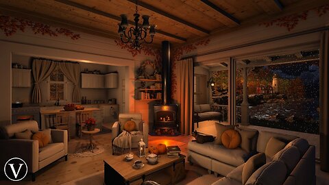 Cozy Autumn Cottage Interior | Night Ambience | Wood Stove Fireplace, Rain & Thunder Sounds