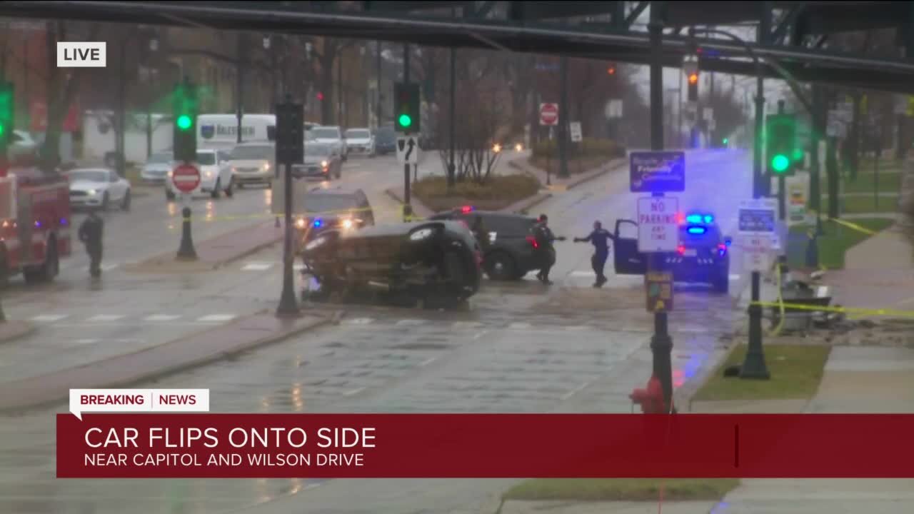 Crash leaves vehicle on its side near Wilson and Capitol