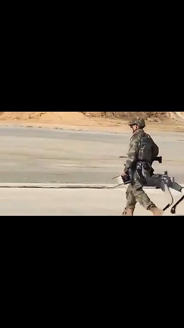 A soldier out walking his dog...but it is not just any dog - Rin Tin Robot with a machine gun