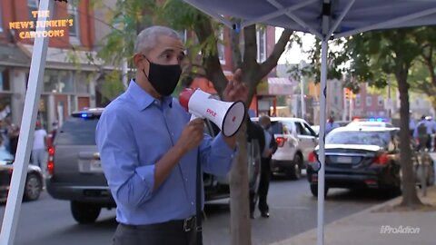 Obama uses a megaphone to speak to people 6 feet away.