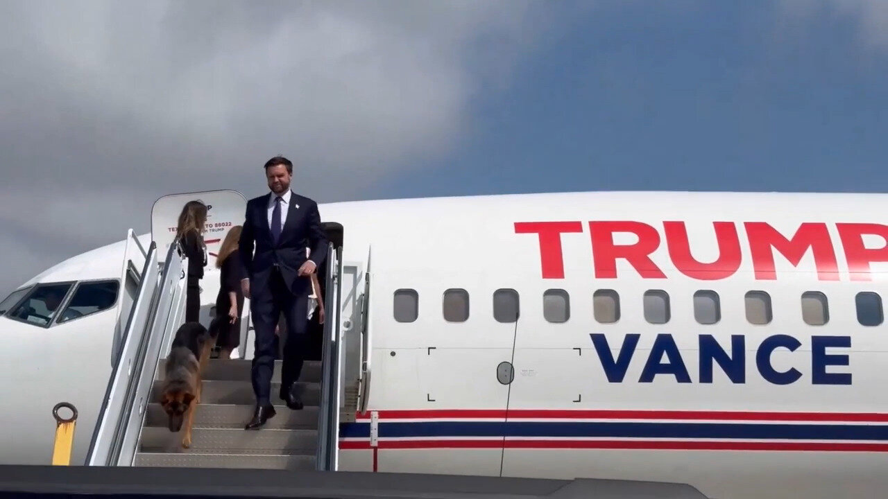 JD And Usha Vance Deplane Trump Campaign Flight With Pooch Atlas