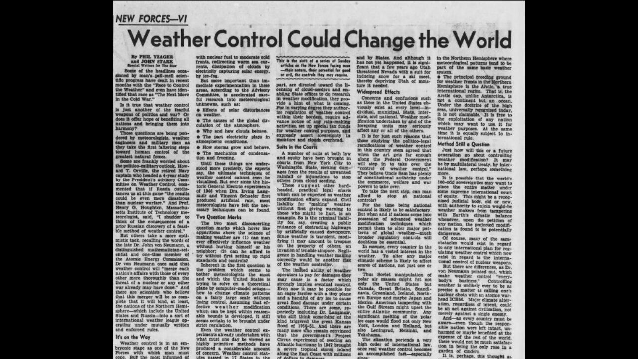 Weather control (or influencing the weather) could change the world. 1958 article daily star