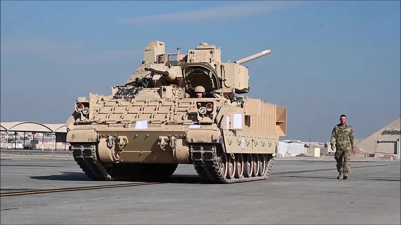 Air Force C-17 Transports U.S. Soldiers and a Retrofitted M2A3 Bradley Fighting Vehicle to Syria