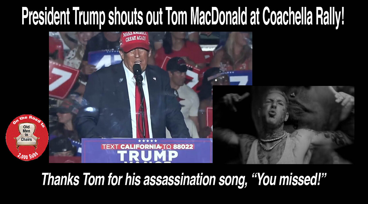 President Trump shouts out and thanks Tom MacDonald at his rally in Coachella, Ca. on Oct. 12, 2024.