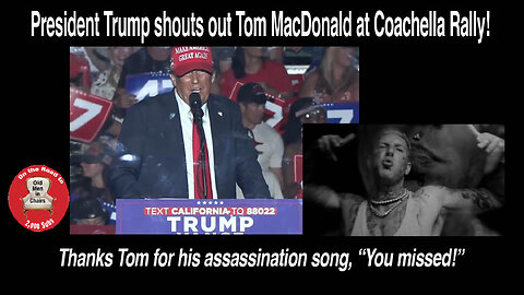 President Trump shouts out and thanks Tom MacDonald at his rally in Coachella, Ca. on Oct. 12, 2024.