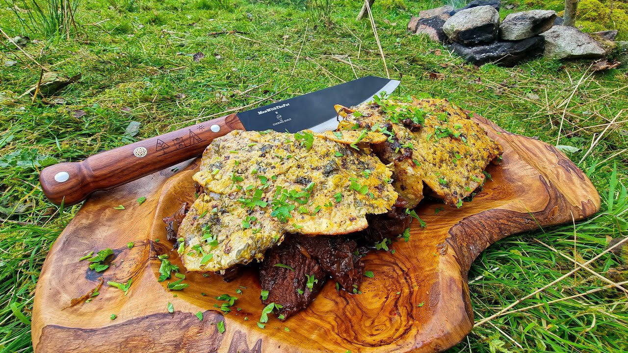 Bushcraft in a Beautiful forest! Cooking meat with potatoes under a thick layer of cheese