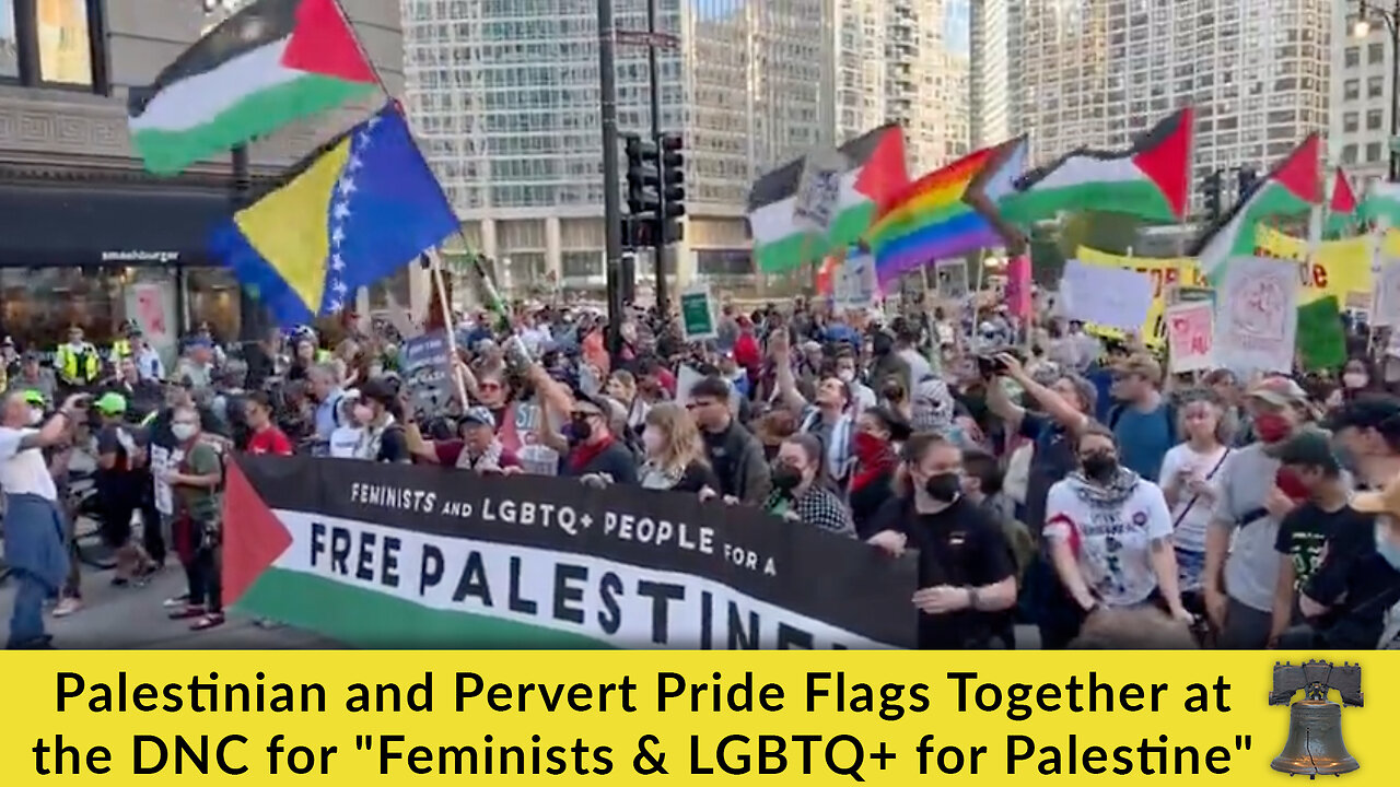 Palestinian and Pervert Pride Flags Together at the DNC for "Feminists & LGBTQ+ for Palestine"