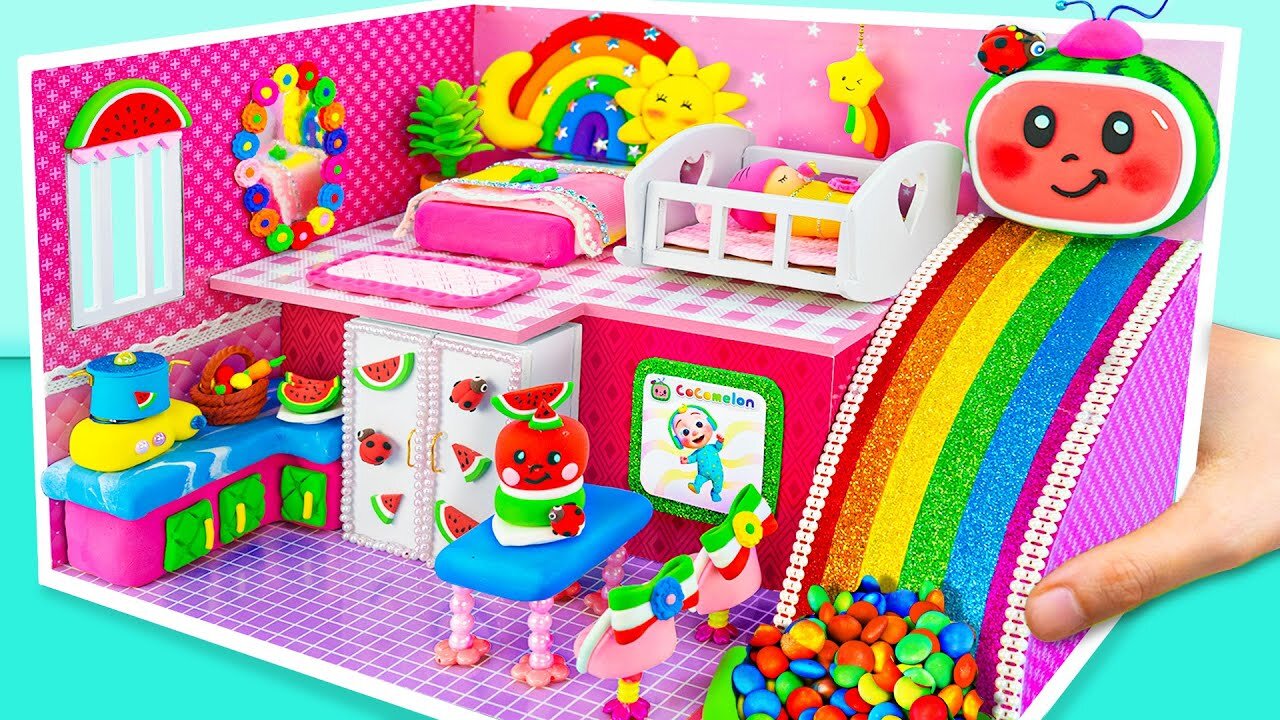 How To Make Cocomelon Pink House has Rainbow Slide Candy Pool by Polymer Clay ❤️ DIY Miniature House