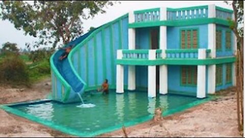 Build Modern Contemporary Mud Villa And Design Water Slide To Beautiful Underground Swimming Pool