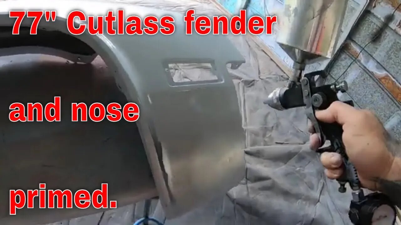 The fender and nose of the Cutlass are primed. (FINALLY)