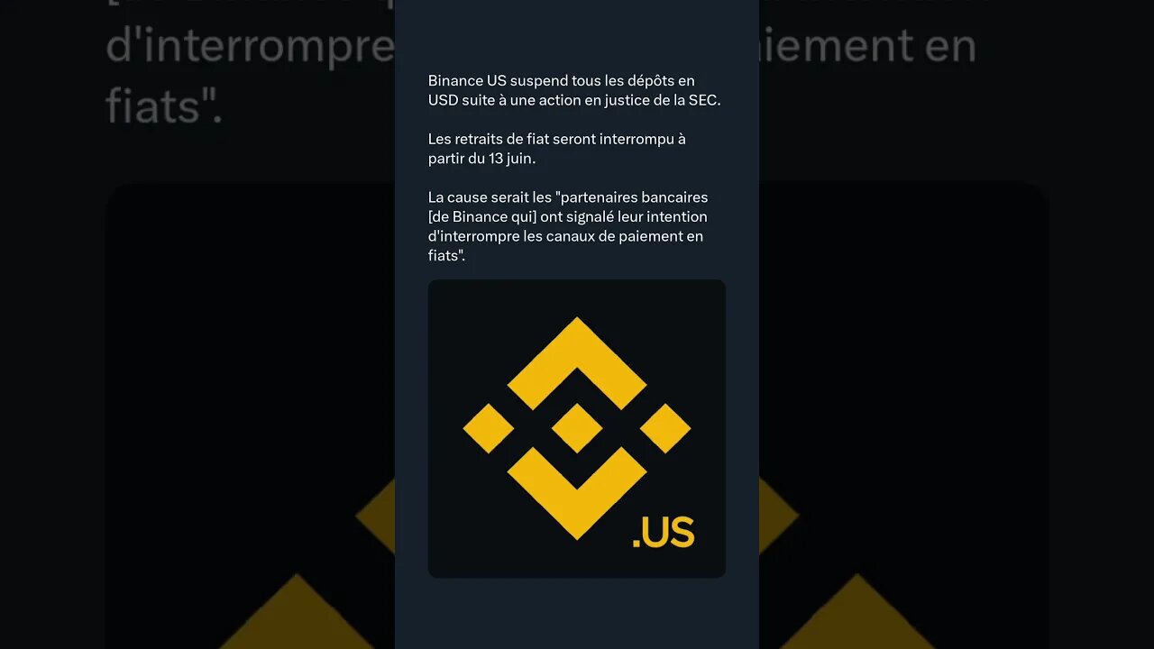 Binance US suspend tous les dépôts en USD suite à une action en justice de la SEC