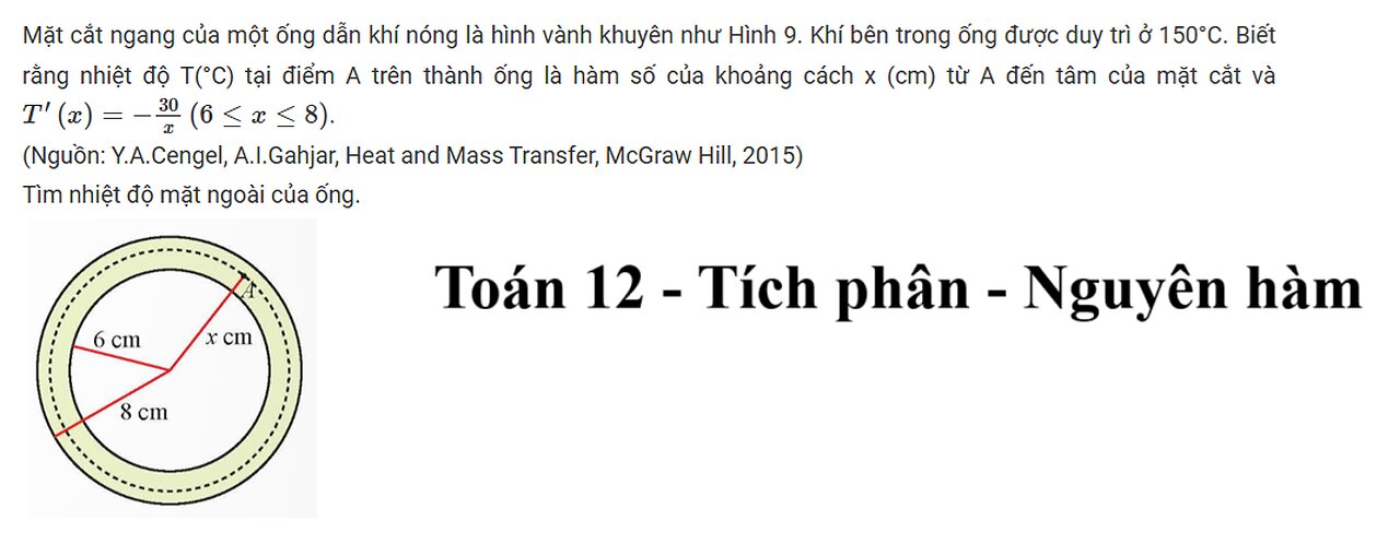 Toán 12: Mặt cắt ngang của một ống dẫn khí nóng là hình vành khuyên như Hình 9. Khí bên trong