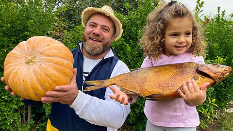 AZERBAIJANI PILAF IN PUMPKIN WITH FRIED FISH COOKED IN FIRE