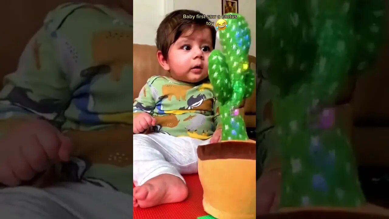 Babies adorable reaction to the imitating cactus doll #shorts