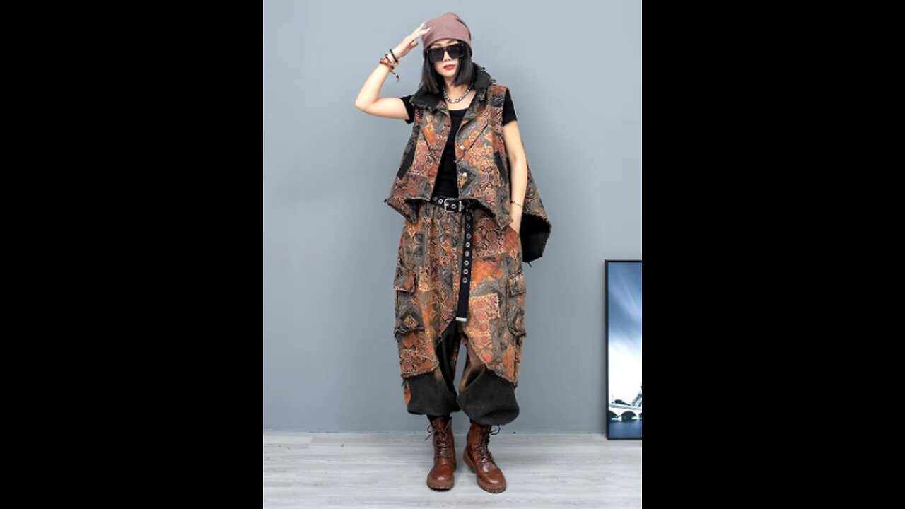 Denim Irregular Vest + Large Crotch Pants Two-piece Set Women LX323