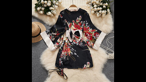 Japanese Kimono V-neck Printed Flower Bow Waist Shaping Cardigan Dress Women Clothing Loose