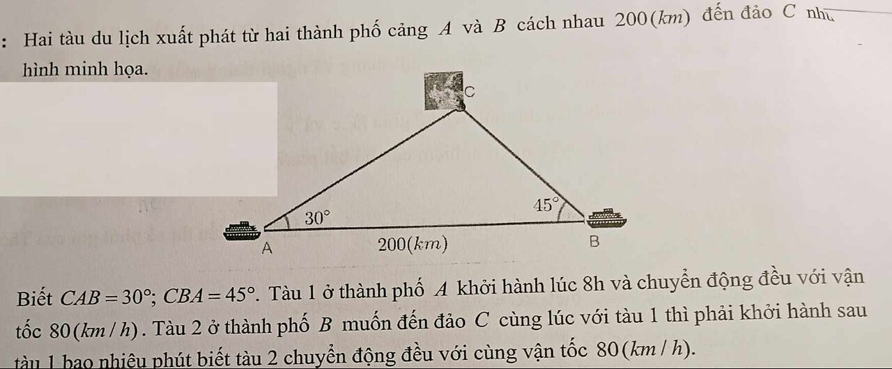 Toán 10: Hai tàu du lịch xuất phát từ hai thành phố cảng A và B cách nhau 200(lm) đến đảo