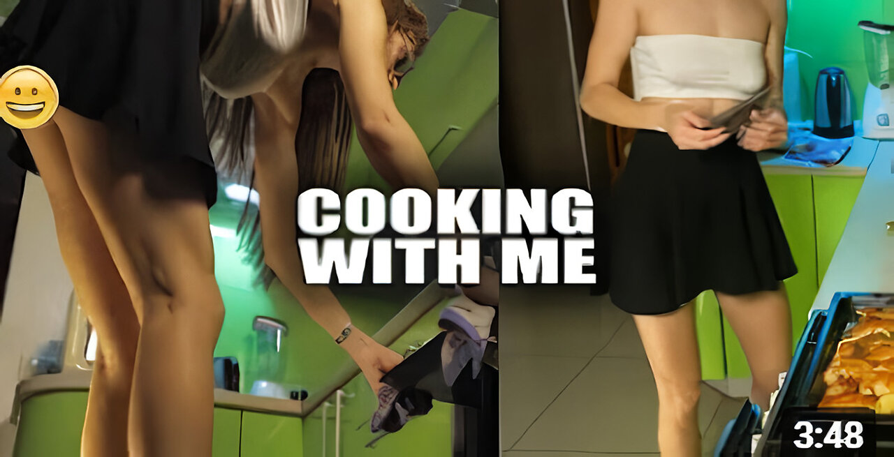 Girl in short skirt cooking baked chicken