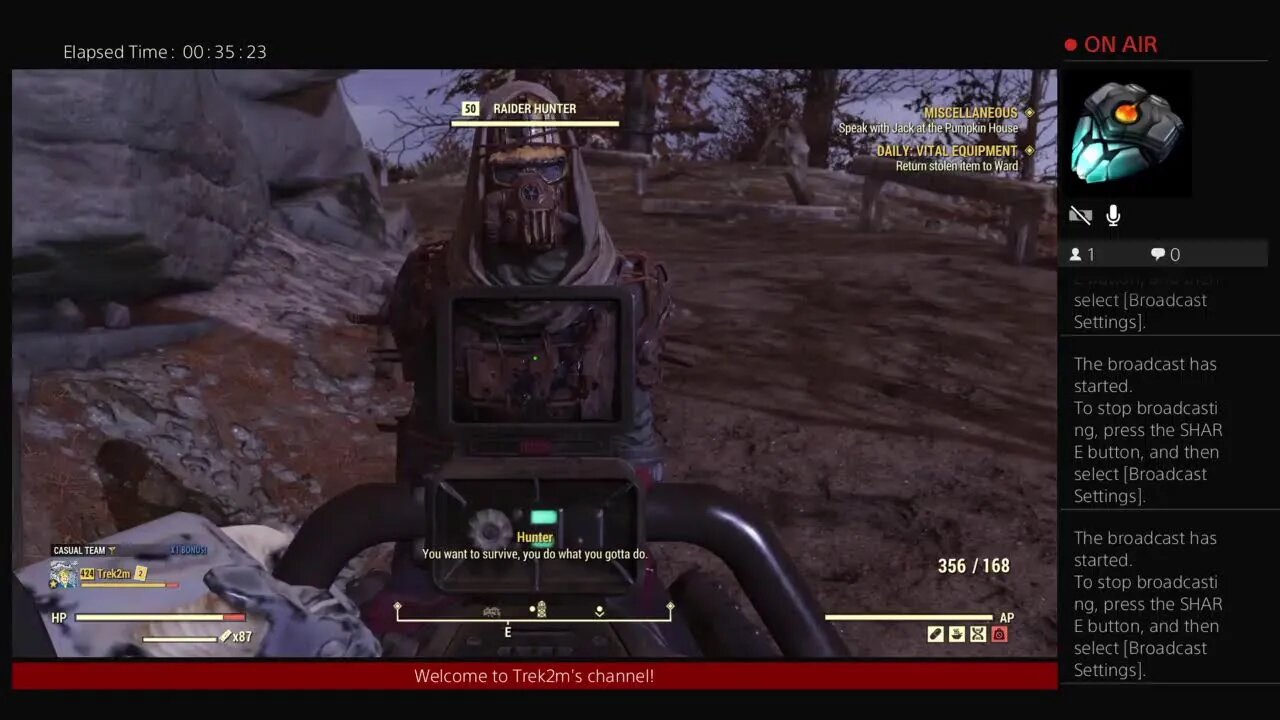 Trek2m is playing Fallout 76 no Idea why. Missing my Little boy Pepe La Pew Day 853
