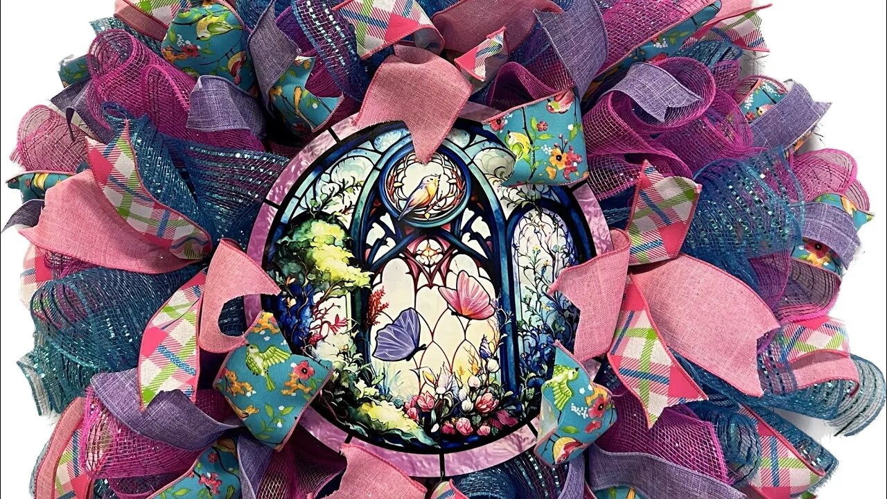 Window Scene Bird and Butterflies Stained Glass Deco Mesh Wreath |Hard Working Mom |How to