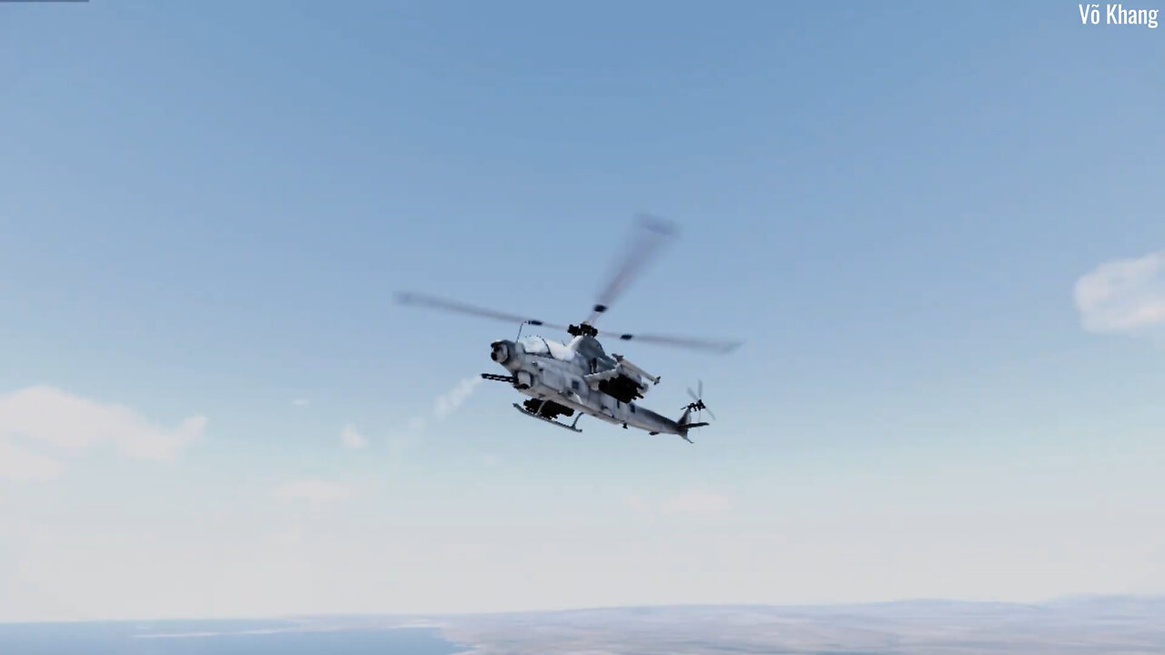 AH-1Z Super Cobra attack helicopter fires M197 machine gun and missiles