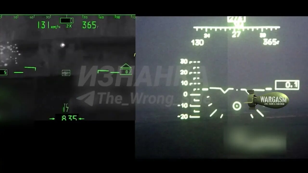Ka-52 helicopter's H.U.D. view as Whirlwind anti tank missile fired