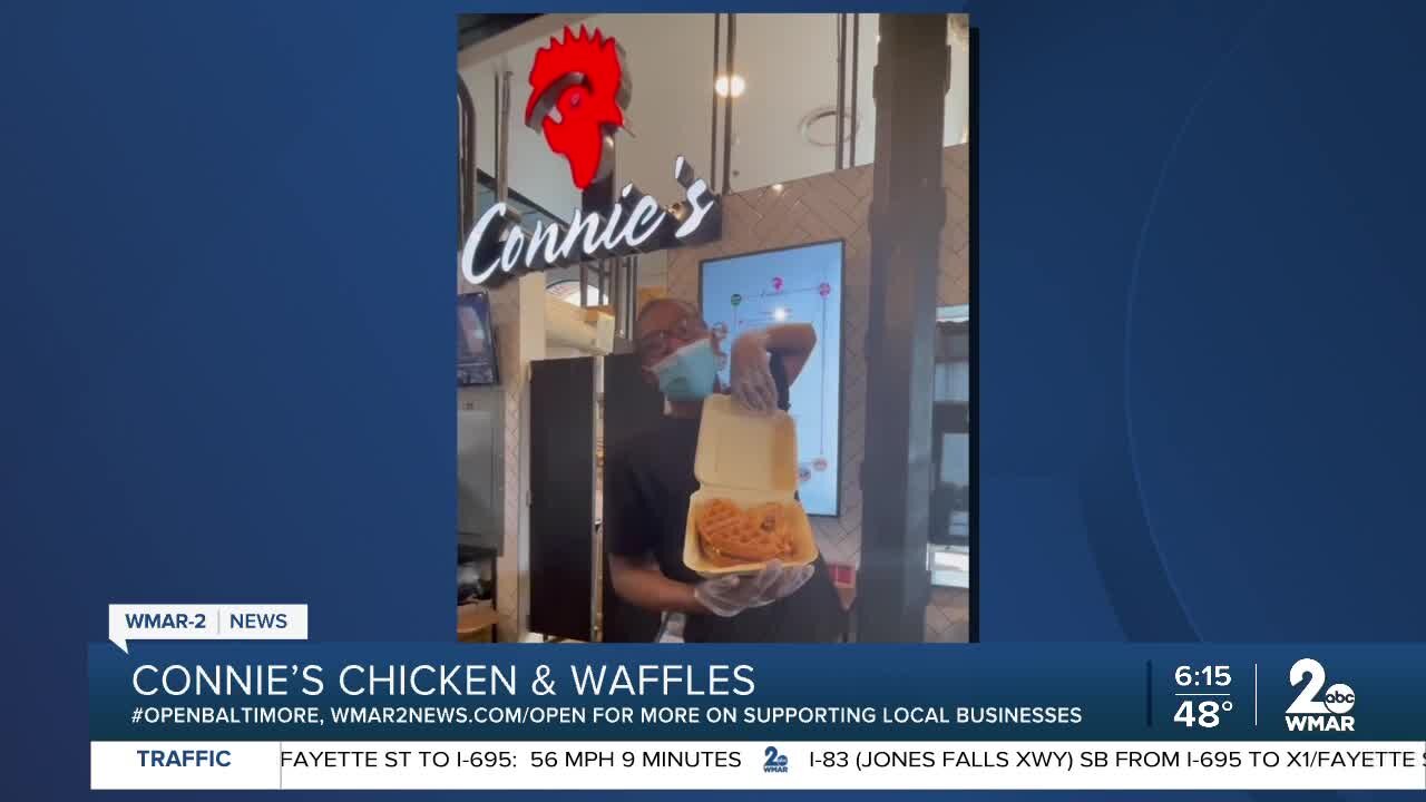 Connie's Chicken and Waffles says "We're Open Baltimore!"