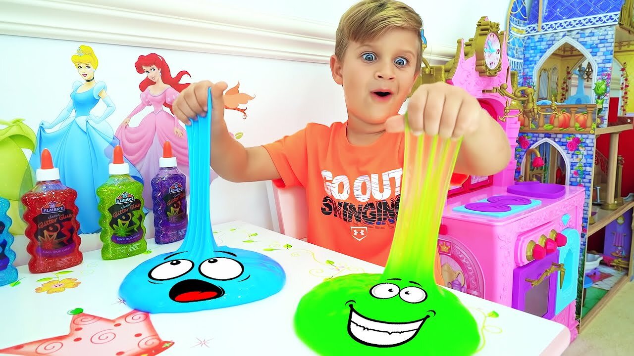 Kids are playing with slime fun games with dad