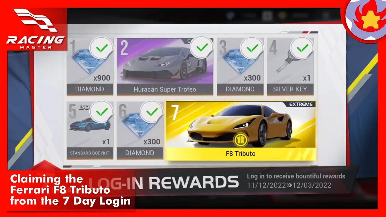 Claiming the Ferrari F8 Tributo from the 7 Day Login | Racing Master