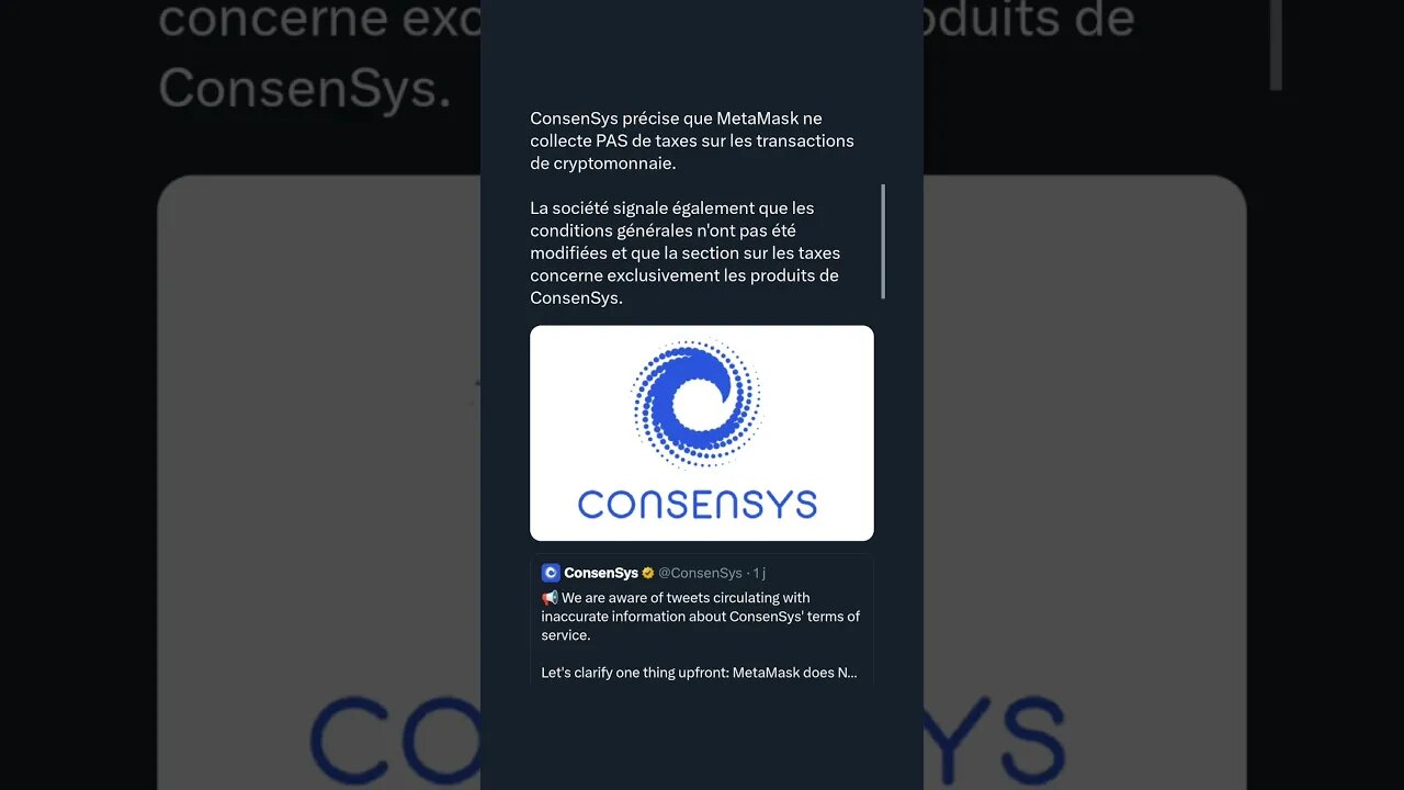 ConsenSys précise que MetaMask ne collecte PAS de taxes sur les transactions de cryptomonnaie.