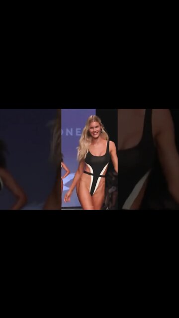 Model Joy Corrigan in black and white bikini for OneOne Bikini Swimwear 2023 #miamifashionweek