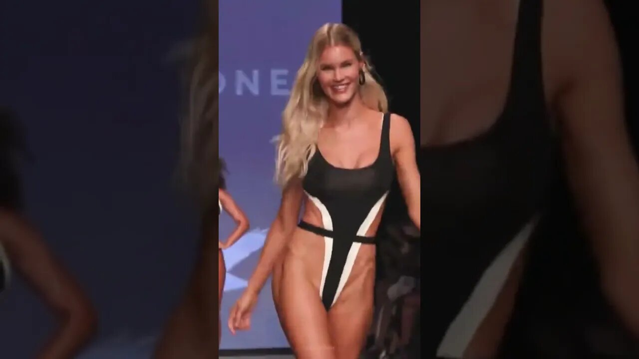 Model Joy Corrigan in black and white bikini for OneOne Bikini Swimwear 2023 #miamifashionweek