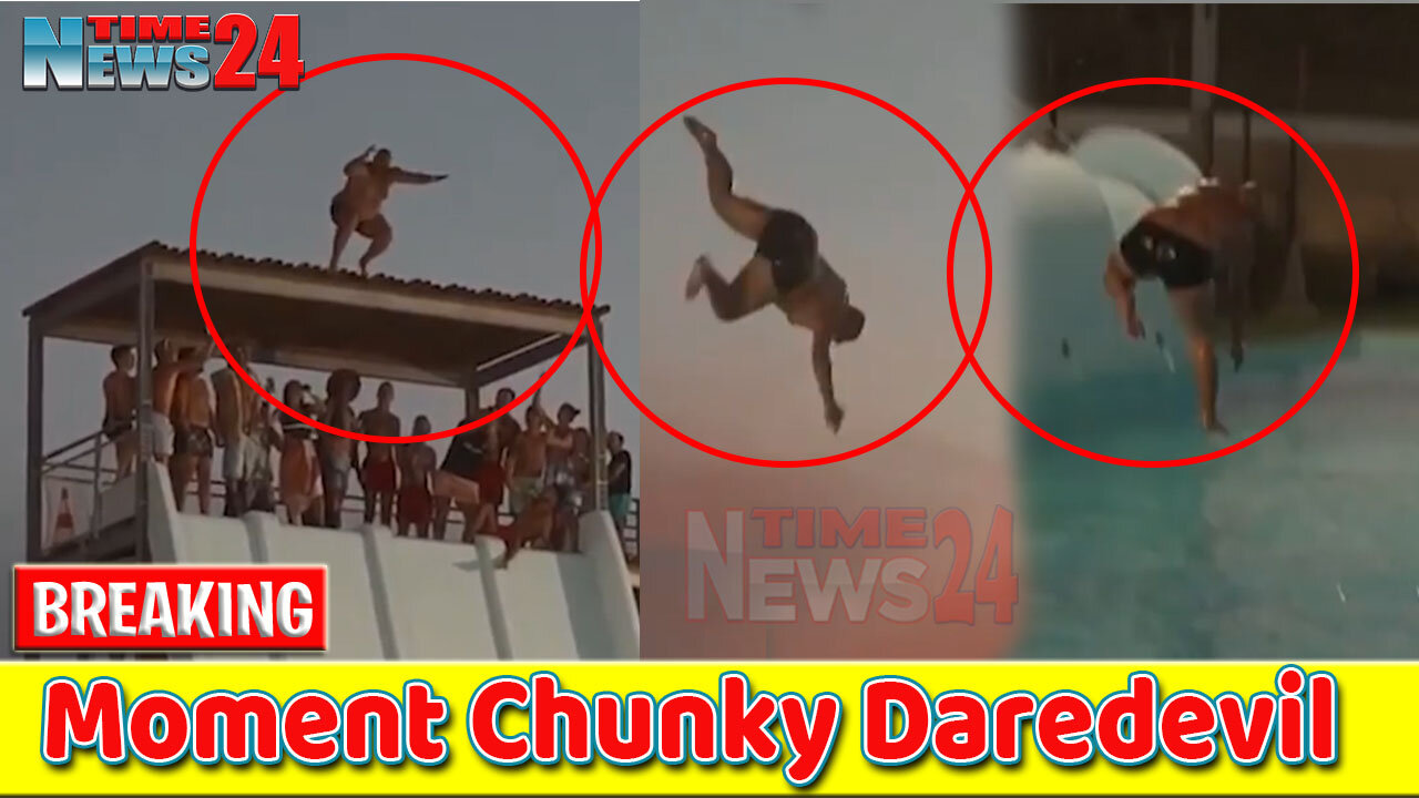 Roof Slide into Water | The Mascot leaps onto slide and BELLY FLOPS into pool at Frenzy Waterpark