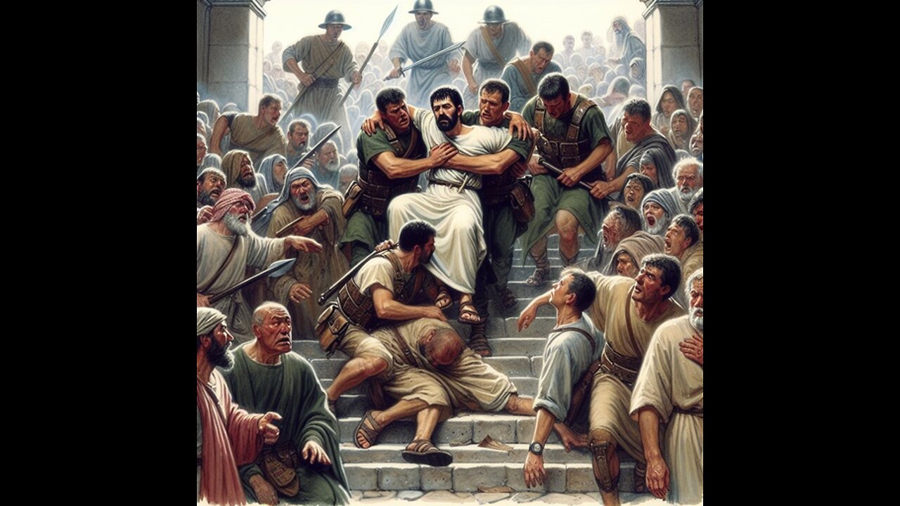 Acts 21:1-40 Paul entered Jerusalem and was attacked in the temple, dragged out, and beaten.