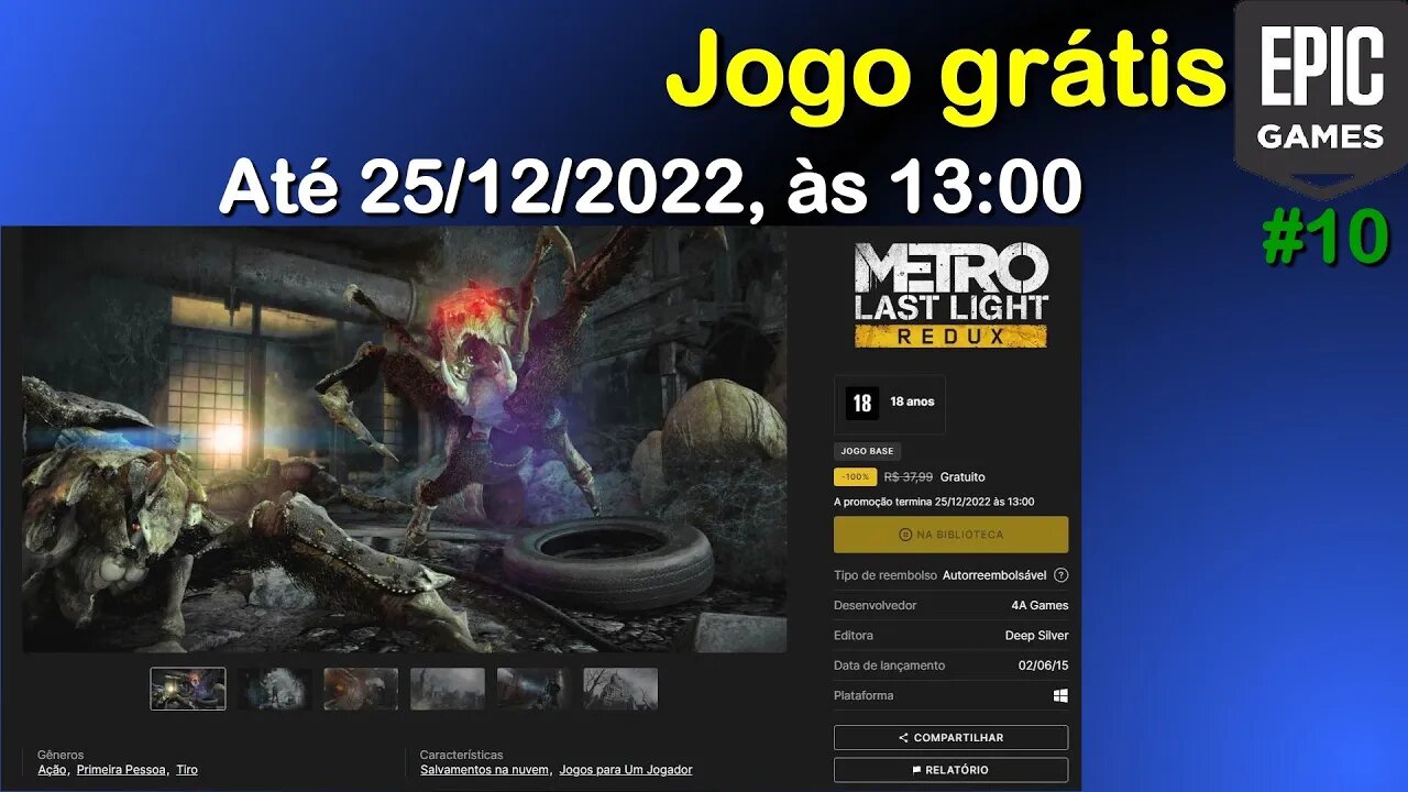 Jogo Grátis #10 - Metro: Last Light Redux - até 25/12/2022 - Epic Games