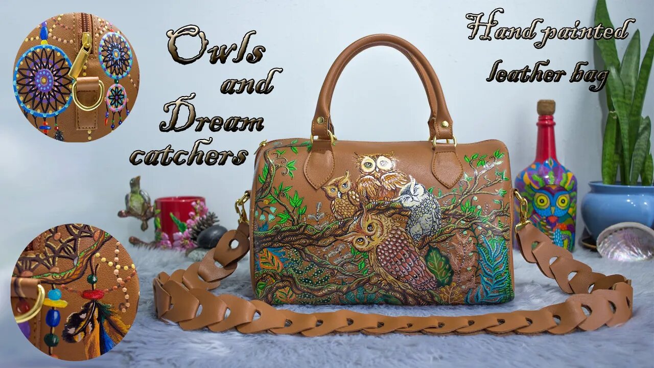 Owls and Dreamcatchers, my first commissioned hand painted leather bag for 2023 | Time lapse process