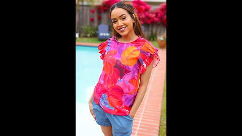 Look of Love Red & Fuchsia Floral Smocked Ruffle Frill Sleeve Top