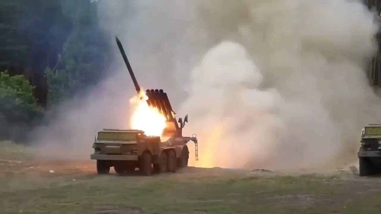 multiple launch rocket systems BM-27 Uragan fire on Ukrainian positions.