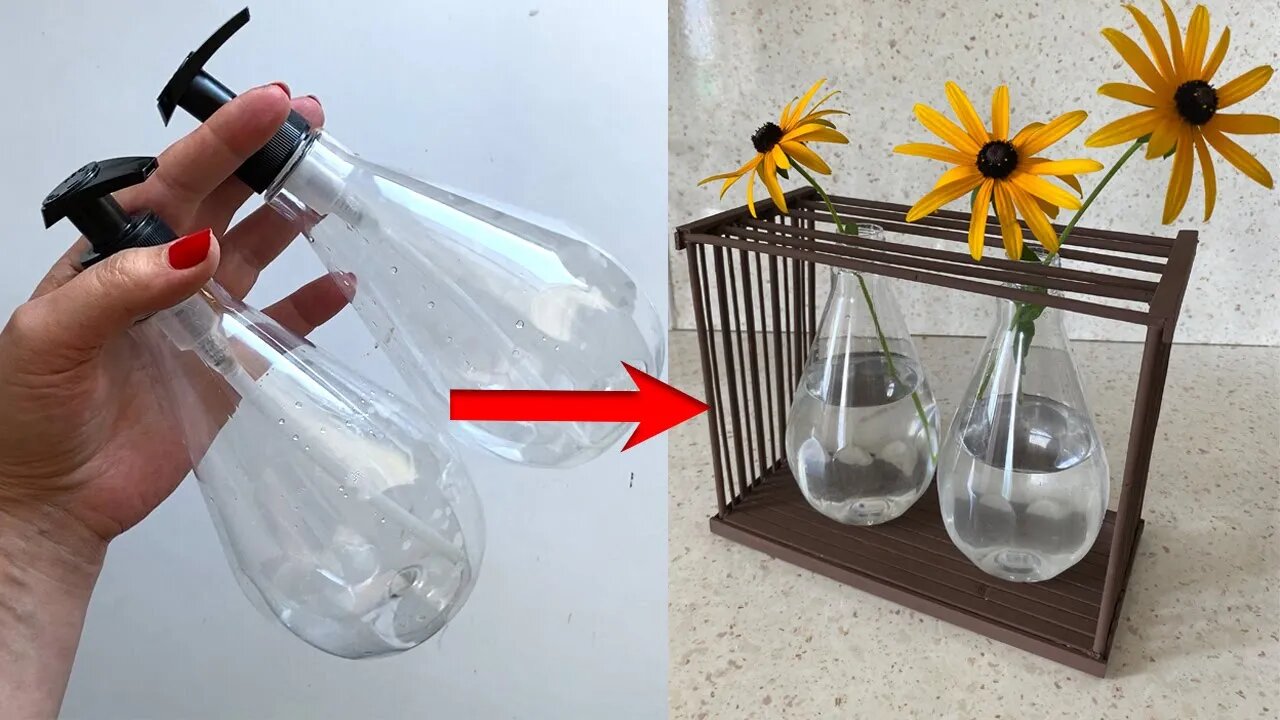 A simple vase idea made from plastic bottles and wooden sticks | Reuse of plastic bottles