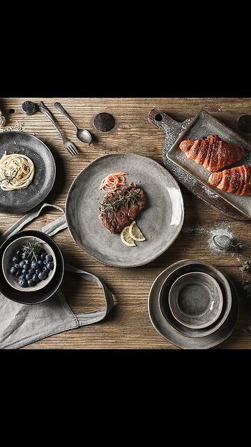 Japanese Ceramic Dinner Plate Rice Bowl Food Tray Retro Gray Tableware