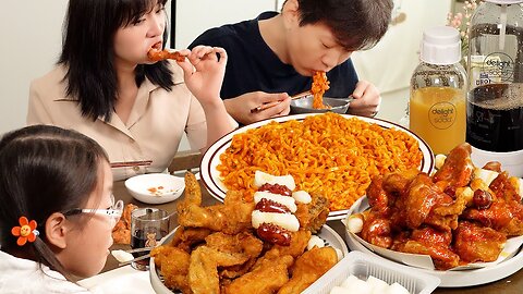 Mukbang :) Korean seasoned chicken and buldak spicy ramen carbonara are a great combination.